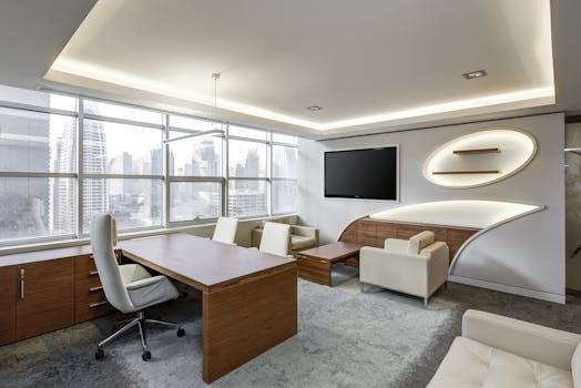 Home Sleek office space featuring contemporary furniture and city skyline views, ideal for professionals.