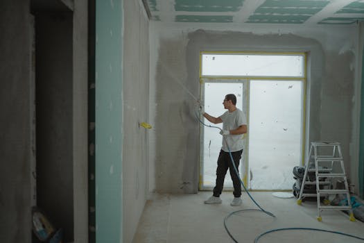 Home A man sprays paint on a wall while renovating an indoor room with professional equipment.