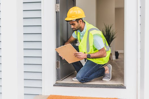 Home A home inspector wearing safety gear examines a house interior for safety compliance.